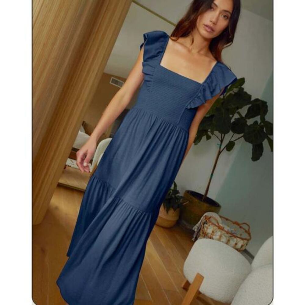 NATION LTD LOS ANGELES Navy Blue Smock Ruffle dress 100% Pima Cotton